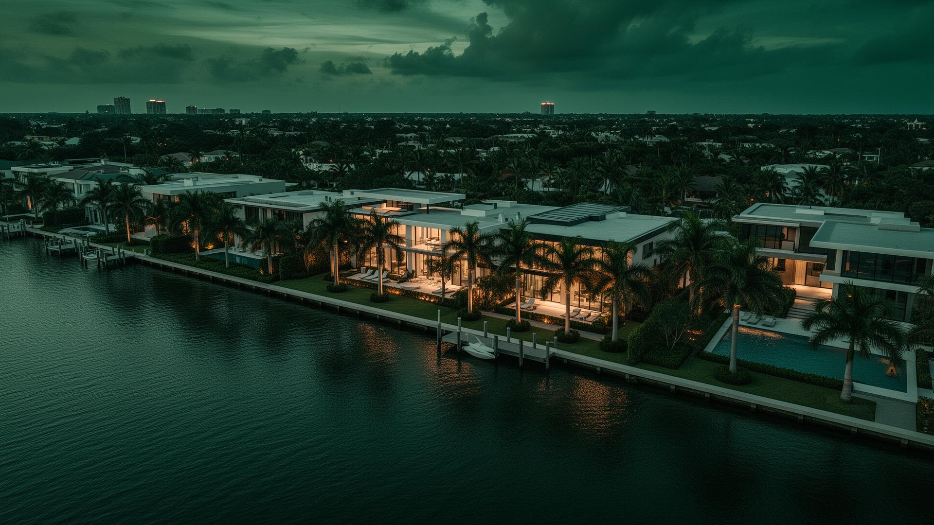 Waterfront Florida luxury properties at twilight